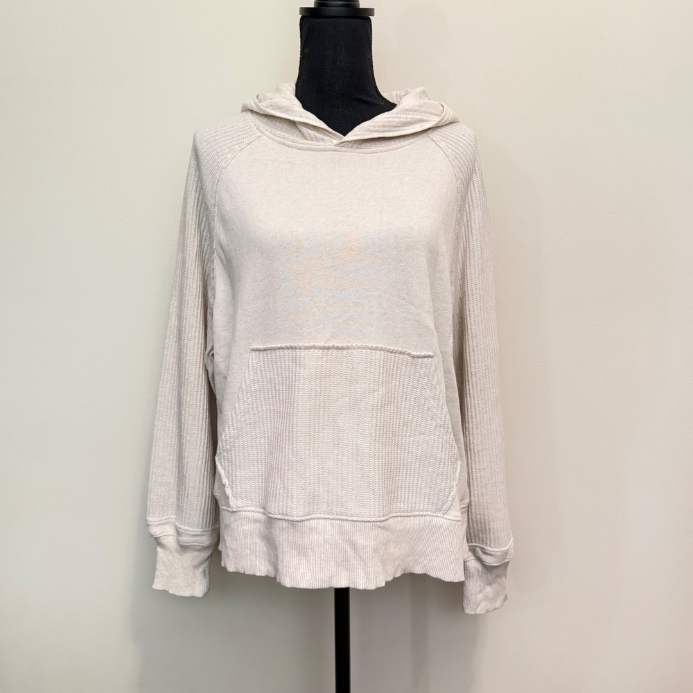 Aerie Cream Oatmeal Ribbed Terry Pullover Hoodie Sweatshirt Women S Kanga Pocket